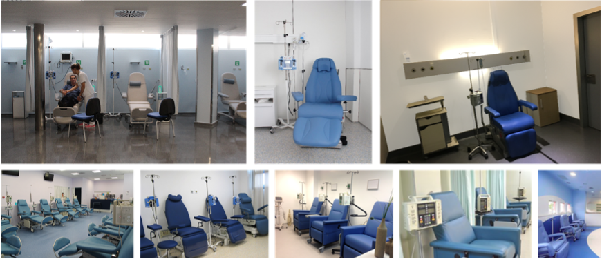 La mayoría de los entornos cromáticos de las unidades oncológicas (Hospitales de día) están diseñados en gamas frías y asépticas